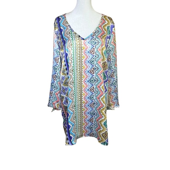 Jean-Pierre Klifa Colorful Bell Sleeve Tunic Top Boho Lightweight Silk Cute Sz L - Picture 1 of 9
